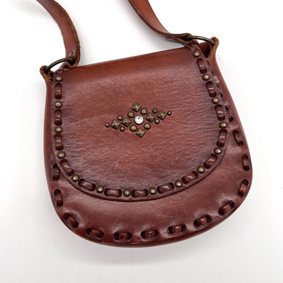 VINTAGE Leather Crossbody Bag Womens Small Brown Handmade Studs Jewels Stitched - Picture 2 of 12